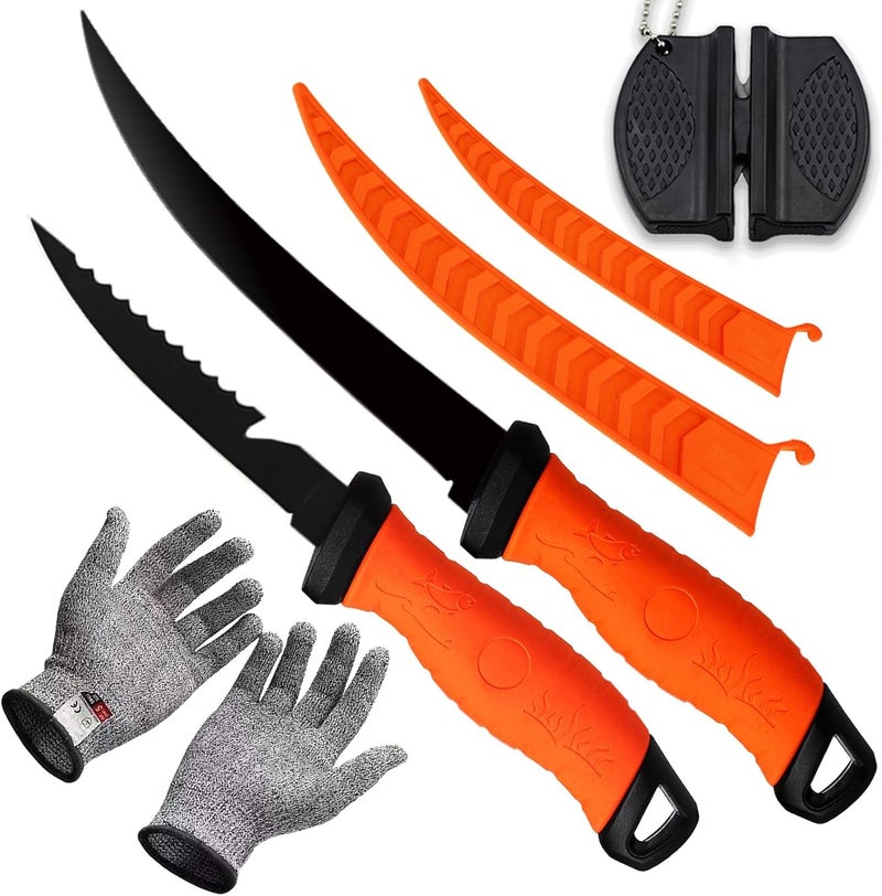 HOWORR 2PCS fillet knife Set, 5 & 7 inch Stainless Steel filet knife for fish, Fishing Gear, Fishing Tool Set, Fishing Accessories Gifts, Non-Slip Handles, with Sharpener and Cutting Resistant Gloves, Orange - Image 1